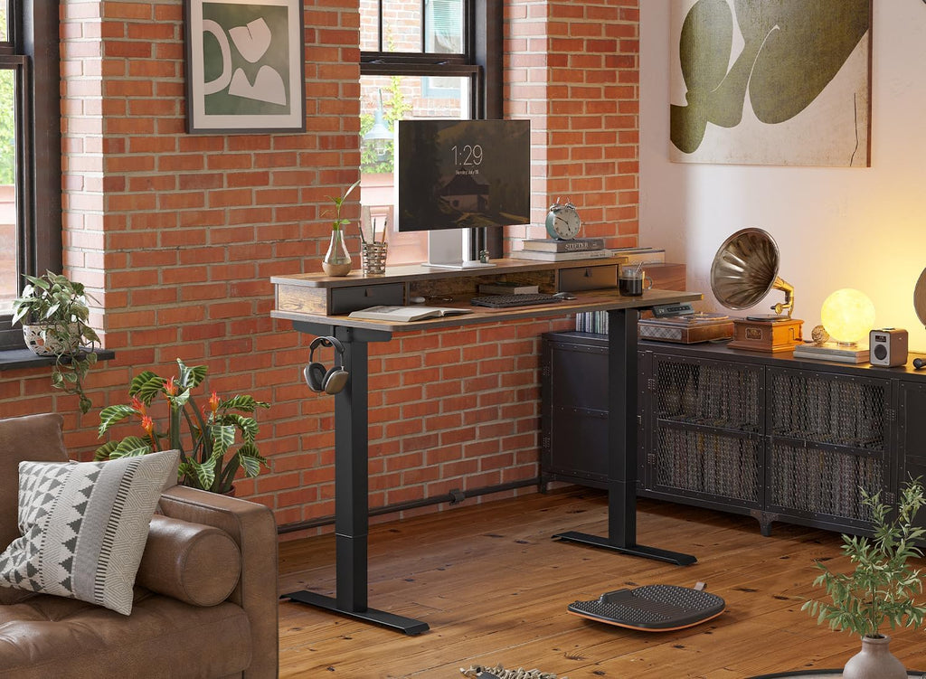 40 X 24 Inch Height Adjustable Electric Standing Desk with Double Drawer, Computer Desk, Home Office Stand up Table with 4 Height-Adjustable Feets & 2 Hooks, Rustic Brown